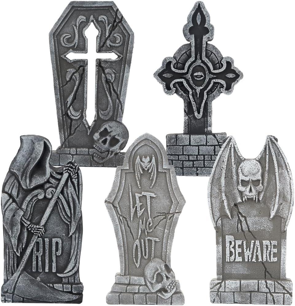 JOYIN 17" Halloween Decorations Outdoor Tombstones, 5 Pack Halloween Graveyard Foam Headstones Decor with 12 Metal Stakes for Prop Cemetery Yard Lawn Decorations, Party Supplies (Gray)
