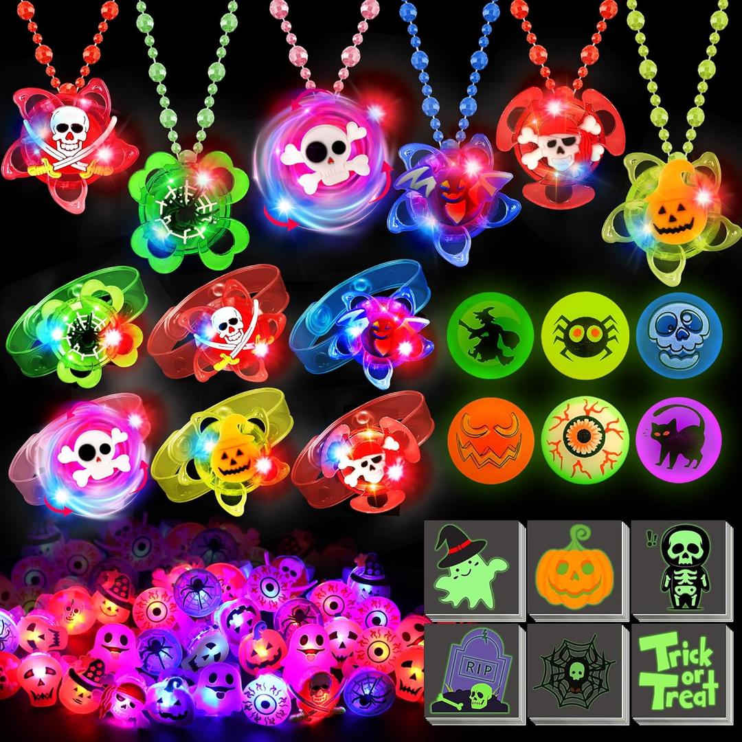 78 Pcs Halloween Party Favors, Halloween Toys Gifts for Kids, LED Rotating Bracelets Necklaces Light Up Rings Glow In The Dark Bouncy Balls Temporary Tattoos for Halloween Party Decorations Supplies