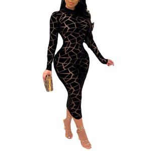 Uni Clau Women Sexy Sheer Mesh Boydcon Midi Dress See Through Printed Long Sleeve Midi Skinny Clubwear Party Dress, L