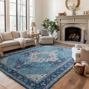 Bedsure 9x12 Area Rugs for Living Room, Machine Washable Rugs, Non-Slip Backing, Non-Shedding, Vintage Low Pile Easy Care Throw Carpet for Bedroom Dining Room, Blue