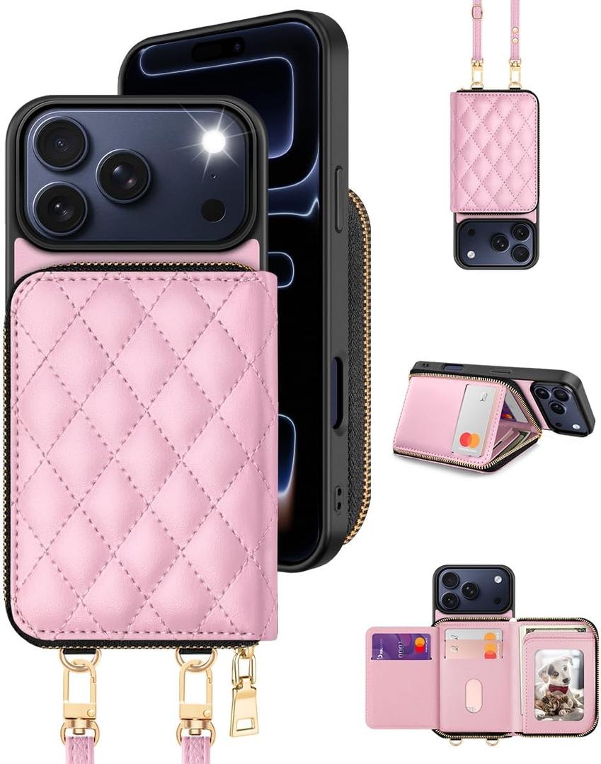 OCASE Compatible with iPhone 17 Pro Crossbody Wallet Case with Card Holder, PU Leather Zipper Handbag Phone Purse with RFID Blocking Kickstand Wrist Strap Lanyard 6.3 Inch, Diamond Check Pink