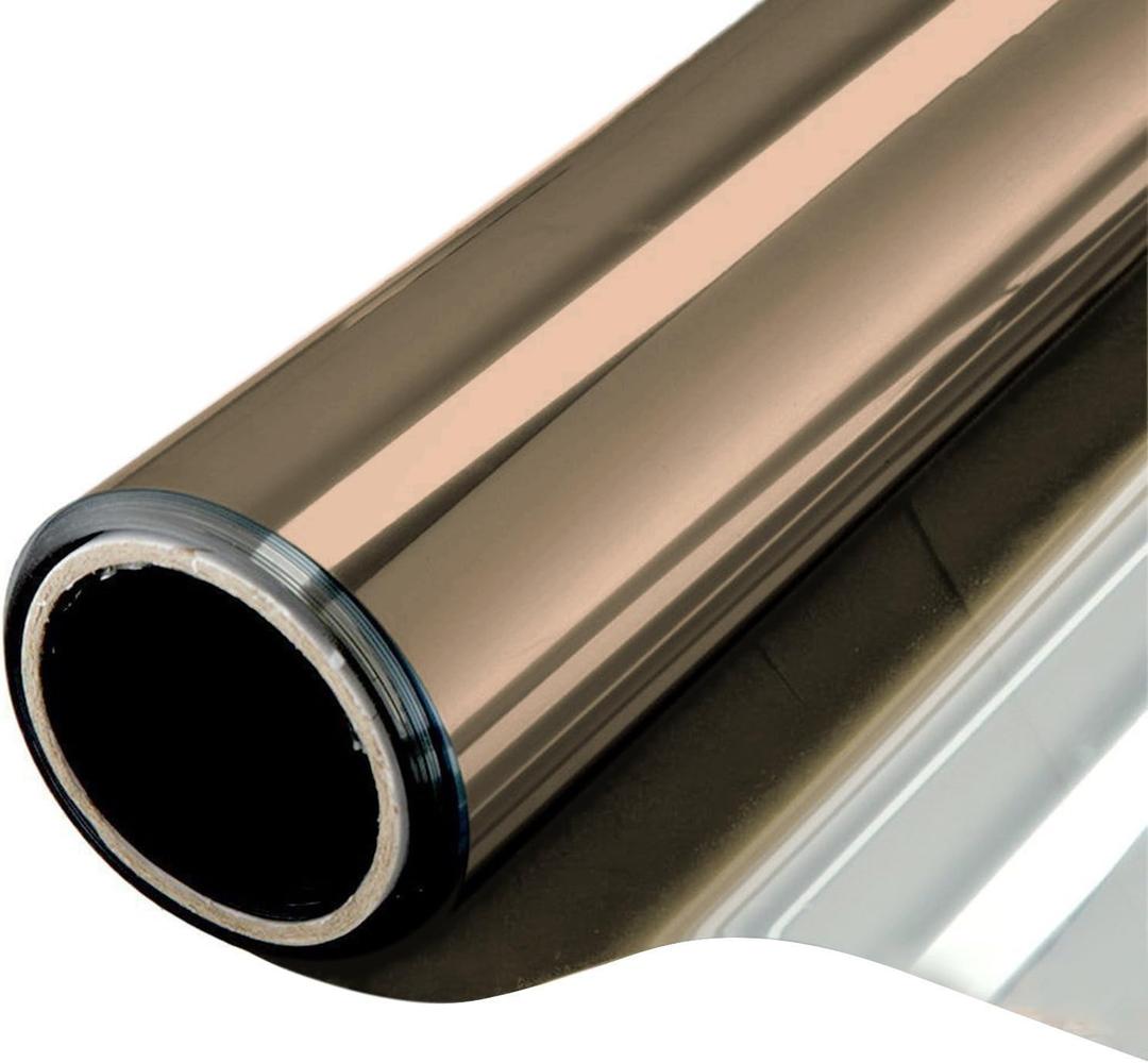 WPCTEV One Way Window Film Daytime Privacy Static Cling Self Adhesive House Film Glass Window Tint Heat Control Mirror Film Brown & Silver 6 Mil 23.6 Inch x 32.8 Feet