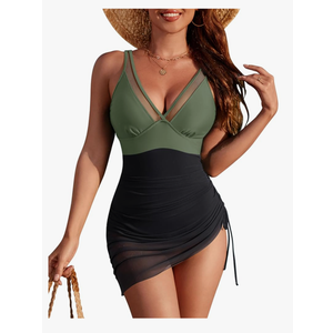 Blooming Jelly Women's One Piece Swimsuit Tummy Control Swim Dress Modest Bathing Suit Mesh Sarong Wraps Swim Suits(L)