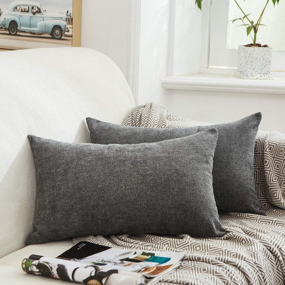 MERNETTE Pack of 2, Thick Chenille Decorative Square Throw Pillow Cover Cushion Covers Pillowcase, Home Decor Decorations for Sofa Couch Bed Chair 12x20 Inch/30x50 cm (Dark Grey)
