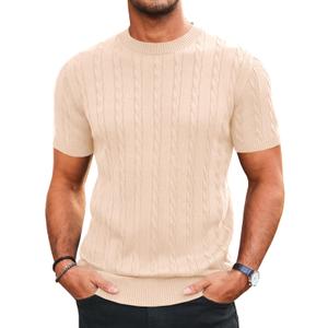 Runcati Mens Knit Short Sleeve T Shirts Casual Crewneck Slim Fit Shirt Cable Knitted Stretch Pullover Tees Beige (Beige, M)