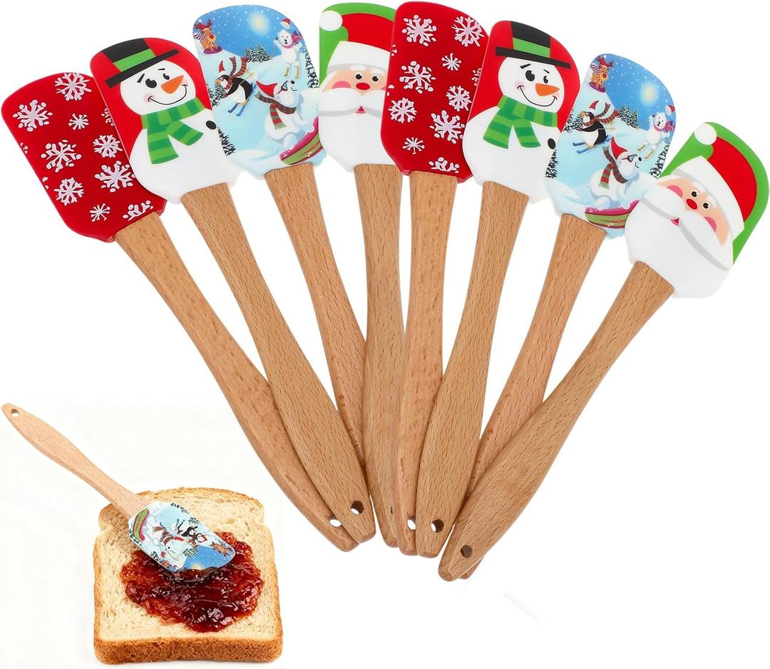 DOITOOL 8 Pcs Christmas Silicone Spatula Santa Claus Elk Snowflake Snowmen Xmas Cake Spatula with Wooden Handle for Baking and Mixing Christmas Party Kitchen Utensil