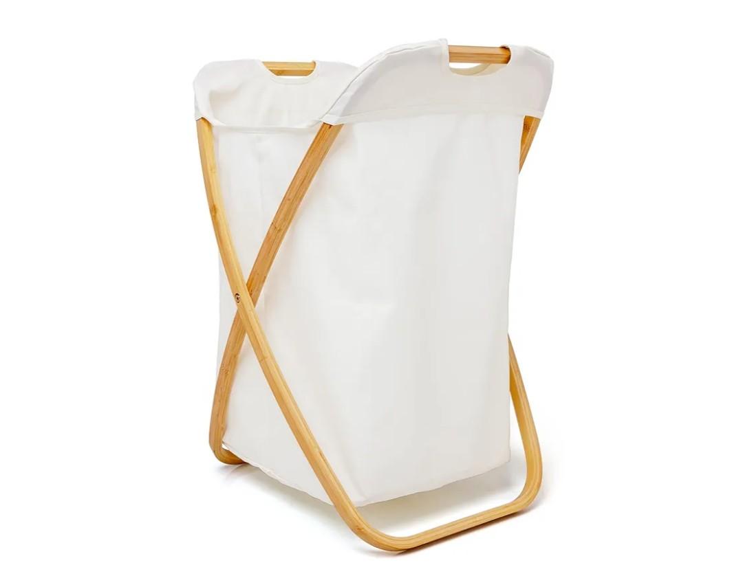 QUALIAZERO 72L Bamboo X-Frame Laundry Hamper – Foldable Single Section Clothes Basket with Removable Bag & Bottom Handle, Ideal for Bathroom, Bedroom, or Dorm (FEATHER CREAM, X-FRAME)