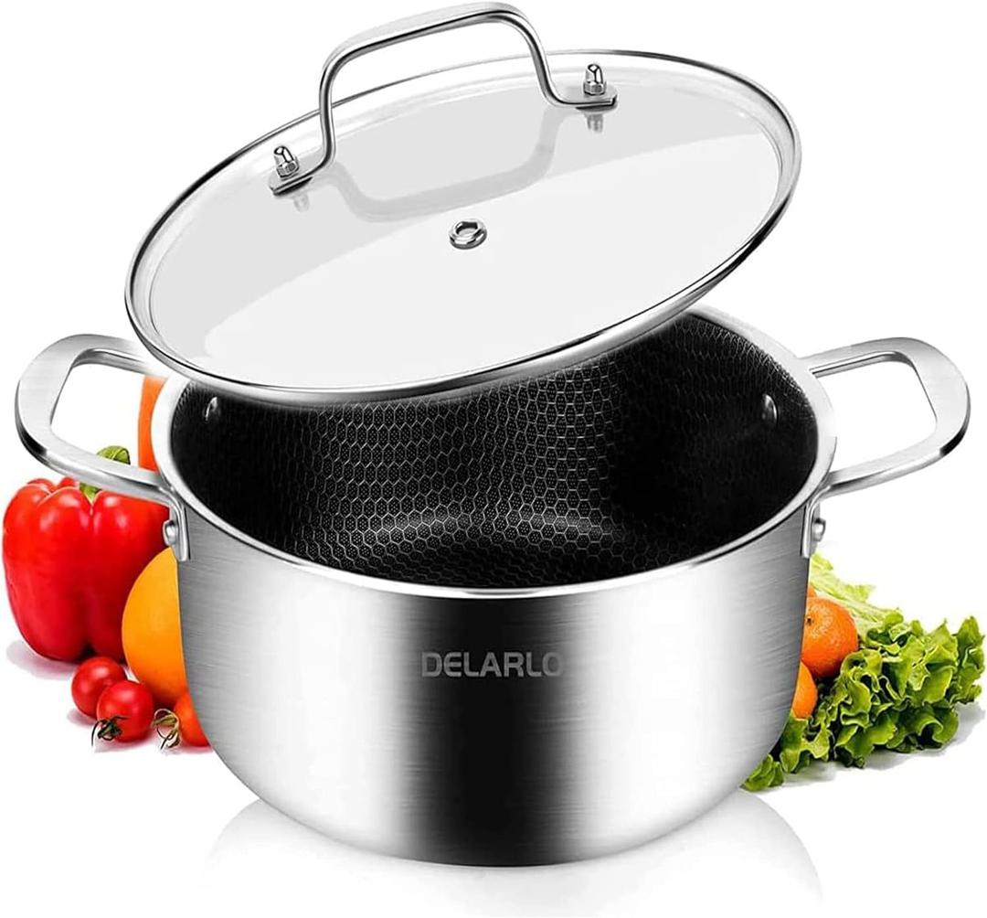 DELARLO Tri-Ply Stainless Steel Stock Pot, 5QT Non Stick Pots, Induction Ready, Cooking Pots with Lids, Stockpot 600 Oven Safe, 18/8 Food Grade Cookware, Soup Pot, Energy Saving, Lids 350