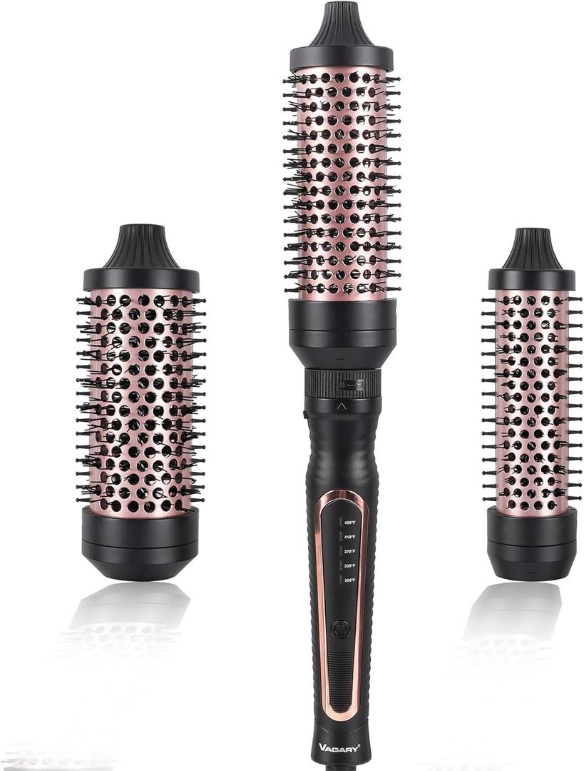 VAGARY 3 in 1 Thermal Brush Set, Heated Round for Blowout Look, Dual Voltage Curling Iron Brush, Ceramic Tourmaline, 3 Detachable Combs, 5 Temperature Settings