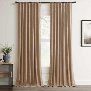 100% Blackout Curtain 96 Inch Length 2 Panel Faux Linen Modern Elegant Boho Farmhouse Living Room Darkening Curtain for Bedroom Window Black Out Drapes for Sliding Glass Door Back Tab 52x96 Tan