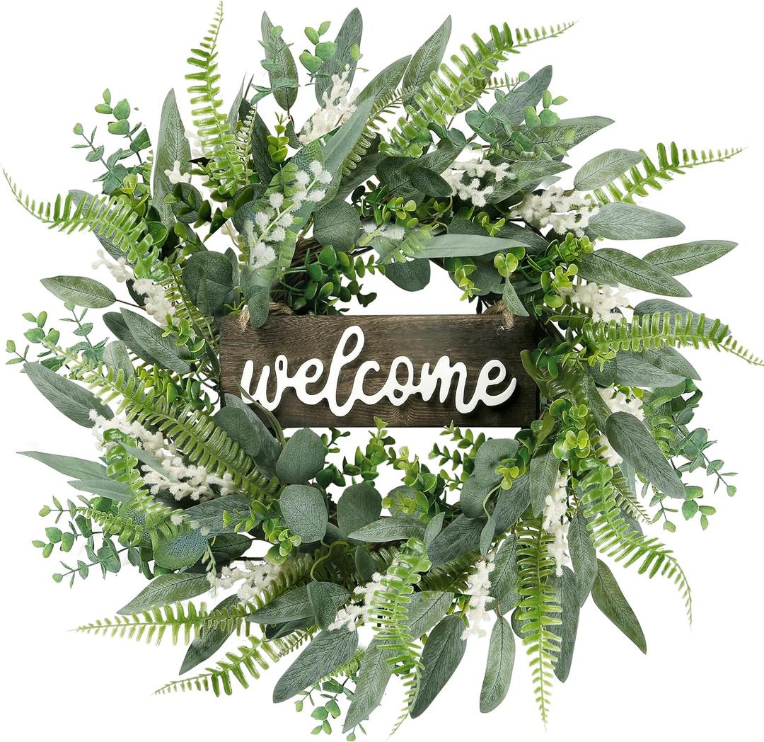Sggvecsy Green Artificial Eucalyptus Wreath with Welcome Sign 20in Mixed White Berries Spring Summer Wreath for Front Door Wall Window Farmhouse Festival Porch Patio Garden Decor