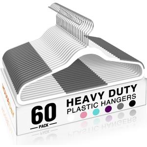 HOUSE DAY Heavy Duty Plastic Hangers 60 Pack, Non Slip Clothes Hangers with Rubber Pads and 360 Hook - Thin 0.2 Inch, Space Saving Coat Hanger White, Closet Organizer for Shirt, Pants, Suit, Skirt