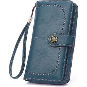 Mokoze Blue Wallet for Women, PU Leather Large Capacity Bifold Wallets with Wrist Strap and Zipper for Hold Credit Cards/Cell Phones/Keys, Girlfriends Mother's Day Gifts