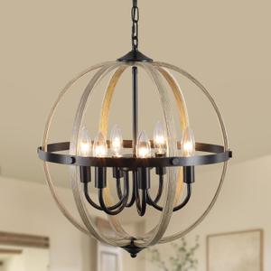 17.12'' Farmhouse Wood Chandelier 6 Light, Orb Chandelier Metal Rustic Globe Pendant Light, Faux Wood Texture Adjustable Hanging Ceiling Light Fixtures for Kitchen, Dining Room, Foyer Hallway