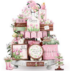 Bucherry 21 Pcs Spring Flower Tiered Tray Decor Set Farmhouse Tulip Floral Wooden Sign Rustic Spring Table Centerpieces Tulips Tiered Tray Decorations for Home Shelf Tabletop Kitchen