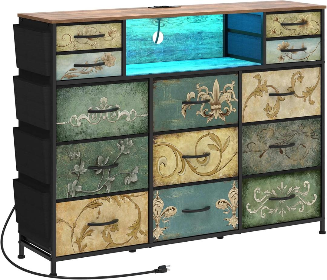 Tohomeor Retro Dresser with Charging Station & LED Light with Boho Fabric Drawers for Bedroom Chest of Drawers TV Stand with Power Outlet Open Shelf Storage (13 Drawers) (11.8"D x 47.2"W x 35.6"H (13 Drawers))