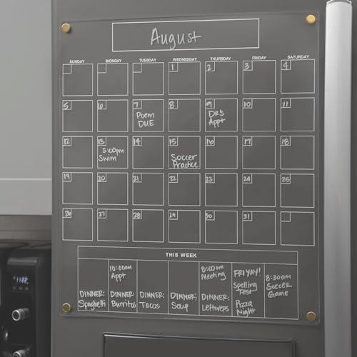 Acrylic Magnetic Calendar for Refrigerator - Clear Dry Erase Calendar for Fridge | Acrylic Calendar w/Monthly Grid And Weekly Planner Section | 15’’x17’’ Vertical Magnetic Fridge Calendar 2025 | Magnet Calendar for Fridge w/Gold Magnets