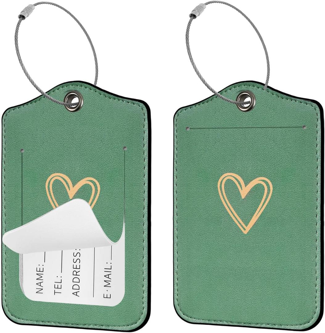 Voidborne Personalized Initial Luggage Tags for Suitcases,2 PCS Elegant PU Leather Name Tag with Privacy Cover ID Label with Address Card,Women Men Travel Bag Backpack Tags,Cute Heart,Green