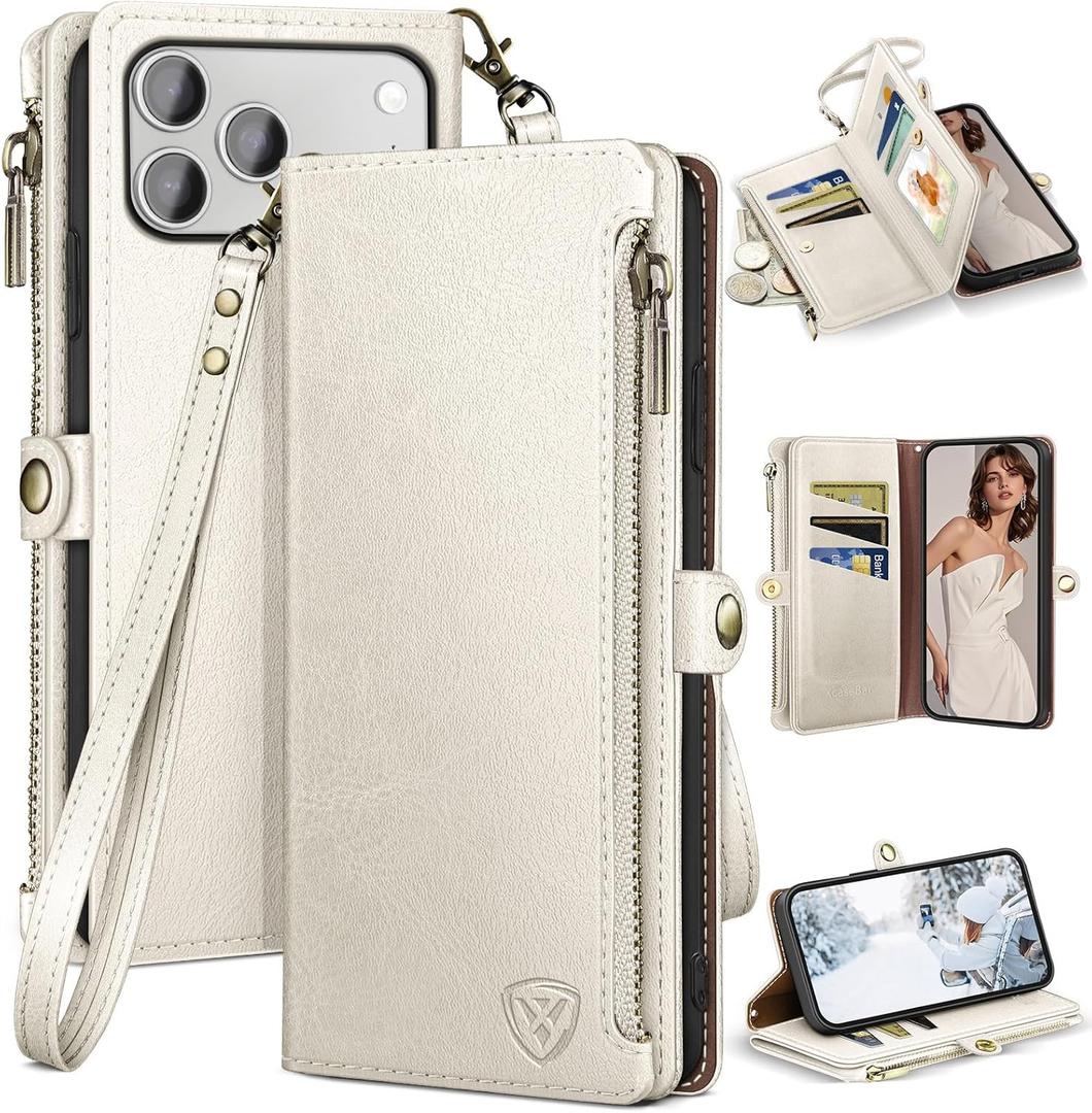 XcaseBar compatible with iPhone 17 Pro Max 6.9" Wallet case with Zipper Credit Card HolderRFID Blocking,Flip Folio Book PU Leather Phone case Shockproof Cover Women Men for Apple 17ProMax case White