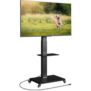 Rolling TV Stand with Power Outlet for 32-75 Inch TVs, Swivel Portable TV Cart on Wheels with Height Adjustment, Tilting Mobile TV Stand with Shelf Holds up to 110lbs, MAX VESA 600x400mm (Black)