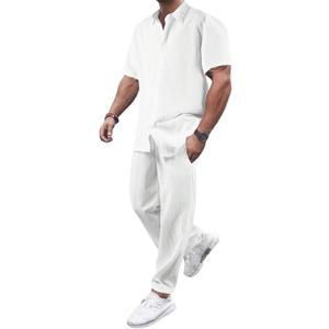 GORGLITTER Men's Two Piece Outfits Short Sleeve Button Down Shirt and Long Pants Set (White), Size: 2XL