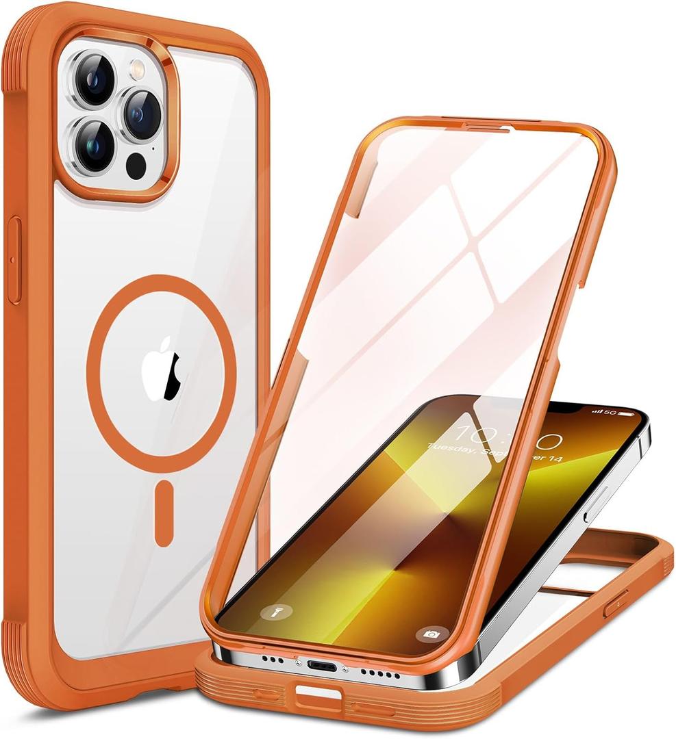 Miracase for iPhone 13 Pro Case 6.1",Full-Body Protection,Clear Bumper Case with Built-in 9H Tempered Glass Screen Protector,Military-Grade Drop Protection Outdoor Phone Case for iPhone 13 Pro, Orange