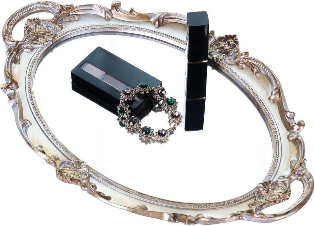 Zosenley Polyresin Ellipse Antique Decorative Mirror Tray, Makeup Organizer, Jewelry Organizer, Serving Tray, 9.8x 14.6, Golden Silver