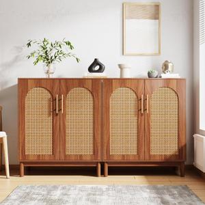 Tribesigns Set of 2 Rattan Sideboard Buffet with Storage, 59 Inch Accent Cabinet with Doors, Storage Cabinet for Dining Room, Living Room, Kitchen, Caramel Brown