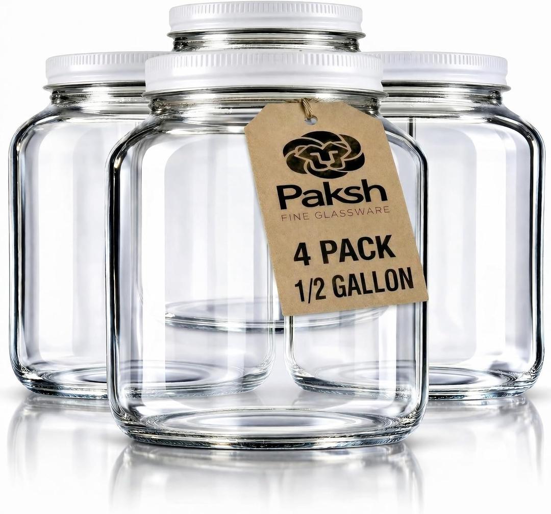 Paksh Novelty Wide Mouth Glass Mason Jar 64 Oz - 4 Pack - Wide Mouth, Airtight Lid, USDA Approved BPA-Free Dishwasher Safe Canning Jar for Fermenting, Sun Tea, Kombucha, Dry Food Storage, Clear