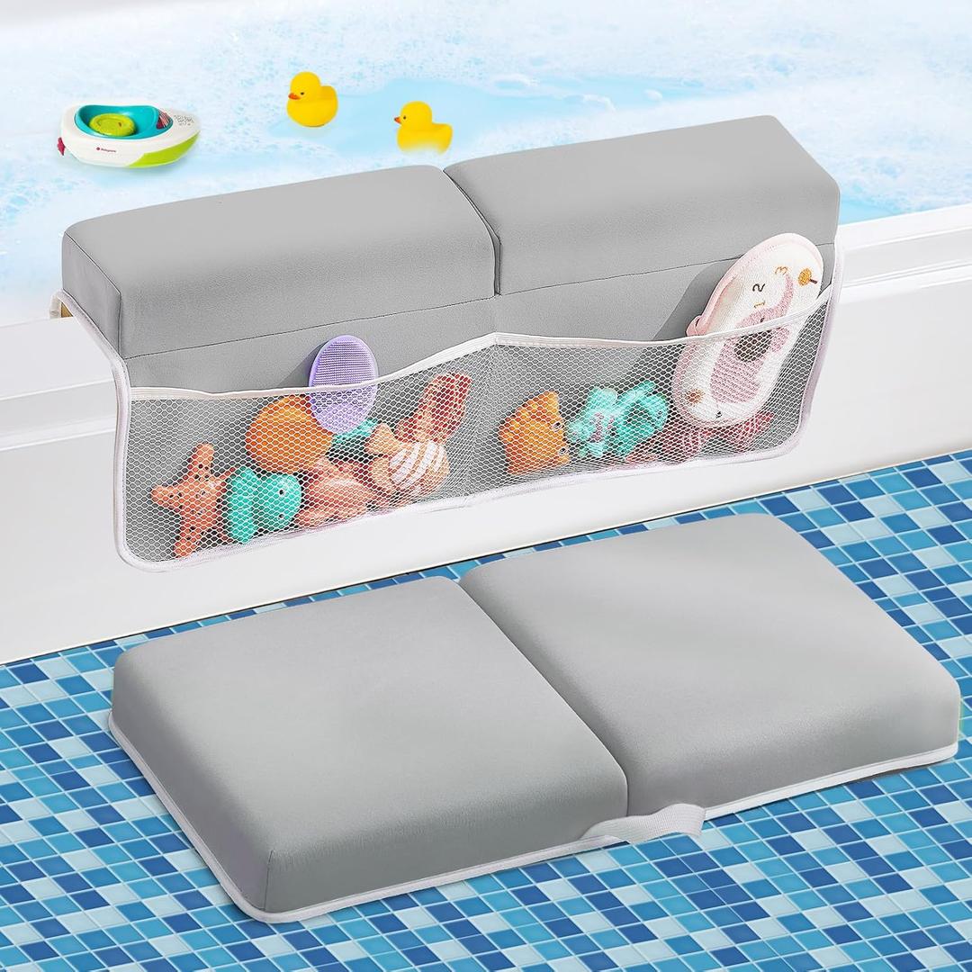 Bath Kneeler and Elbow Rest Pad Set, Thick Soft Quick Dry Bathtub Mat for Baby Bathing Time, Memory Foam With Toys Organizer, Gifts for Parents, Grey (Large)
