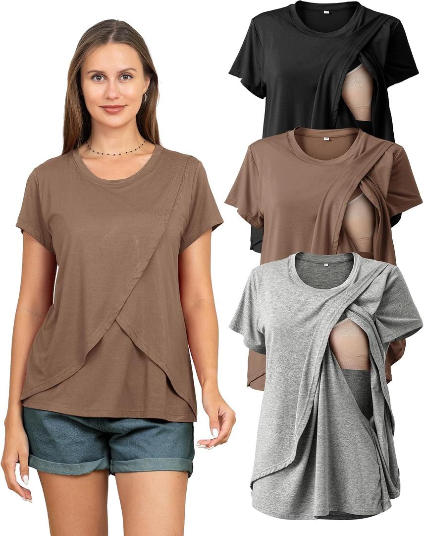 Rnxrbb 3 Pack Women's Nursing Tops for Breastfeeding Summer Short Sleeve T Shirts Postpartum Double Layer Clothes, Large
