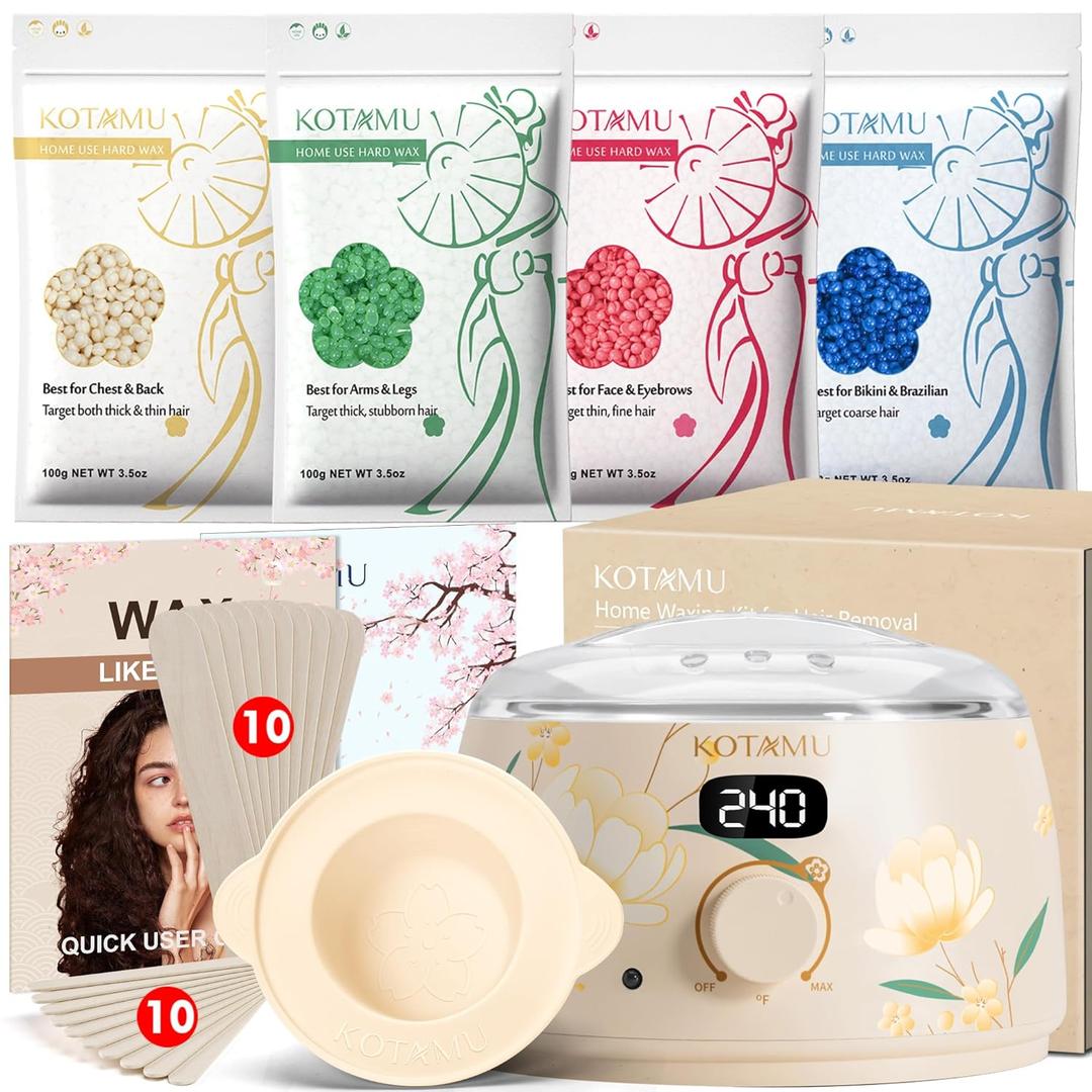 KOTAMU Waxing Kit for Women & Men, Wax Warmer for Hair Removal, Digital Wax Kit with Silicone PotIdeal for Face Eyebrow Arm Legs Armpit &Sensitive Skin, Bloomy Waxing Machine for Home Salon Use (3.5 Ounce (Pack of 4))