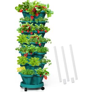 Strawberry Vertical Planters Tower Garden, 7 Tiered Stacking Herb Vegetable Planter with Support Pole Indoor and Outdoor - Hunter Green