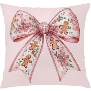 Coquette Preppy Pink Christmas Gingerbread Bow Decor Pillow Covers 18x18,Girly Pink Floral Christmas Xmas Decorative Throw Pillow Covers for Girls Room Dorm Home