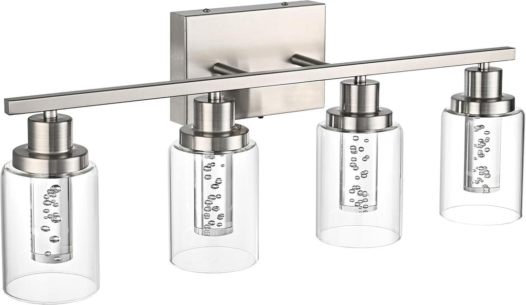 MELUCEE 4-Light LED Bathroom Lighting Fixtures Brushed Nickel, Dimmable LED Vanity Light for Bathroom 3000K-6000K Bathroom Wall Lights with Crystal Bubble Clear Glass Shade, Built-in LED Chips
