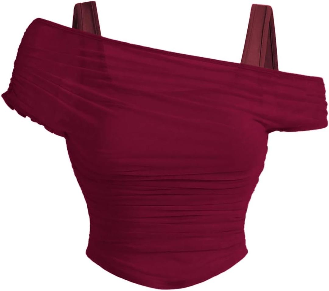 WDIRARA Women's Plus Size 2 in 1 Sheer Mesh Off Shoulder Tops Ruched Asymmetrical Short Sleeve Tee Shirt, 3XL