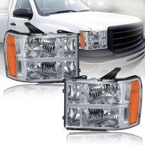 Headlights for 2007-2013 GMC Sierra 1500 2500HD 3500HD 2PC Replacements Front Head Lights Assembly Passenger Side Driver Side Headlamp Amber Reflector Chrome Housing