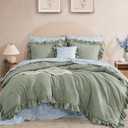 Queen Comforter Set - 7 Pieces Ruffle Sage Green Bedding Sets, Shabby Chic Farmhouse Bed in a Bag Queen with Ruffle Comforter, Floral Sheets, Pillowcases & Shams