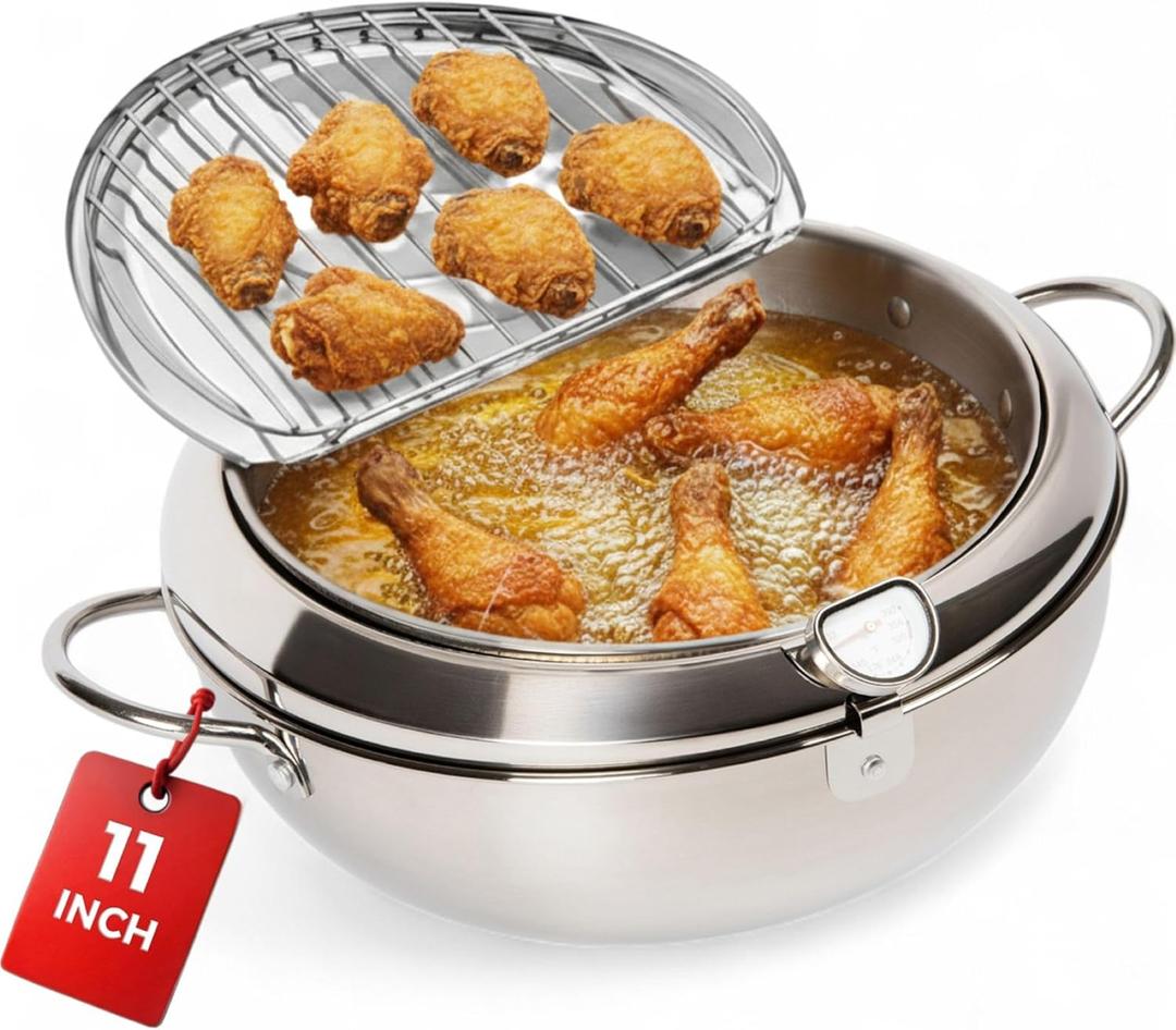 Alpha Living SDF-04 Deep Fryer Pot  11-Inch Stainless Steel Frying Pot with Oil Thermometer  Ideal for Deep Frying Chicken, Fries, Mini Donuts, Tempura & More  Frying Pan for Home Use