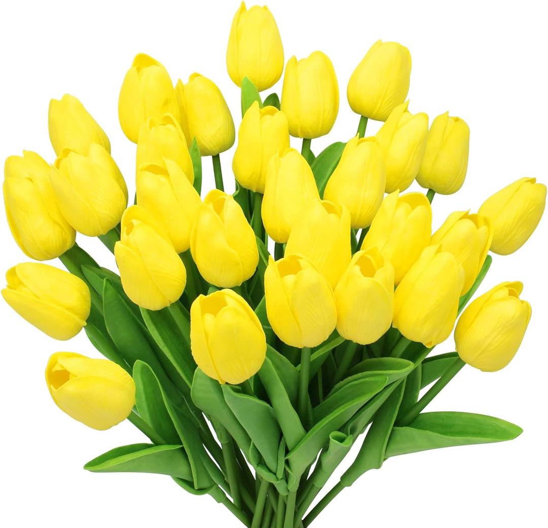 28pcs Yellow Flowers Artificial Tulip Stems Real Feel PU Tulips for Easter Spring Wreath Wedding Bouquet Centerpiece Floral Arrangement Cemetery Table Dcor 13" Tall