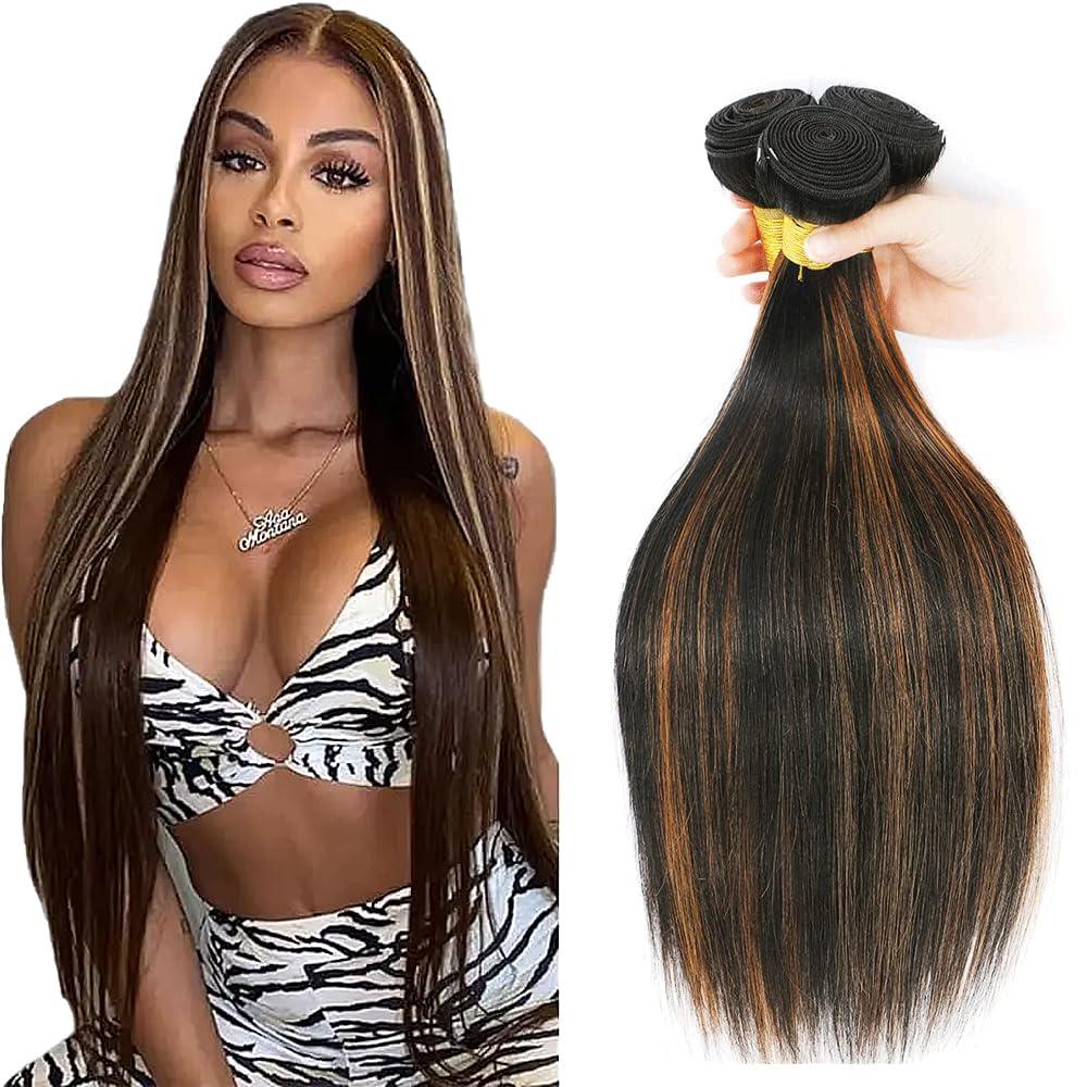 P1B30 Human Hair Bundles Brown Straight Bundles 30 32 34 Inch Brazilian Virgin Ombre Bundle Highlight Straight Bundle Hair Extensions 300g