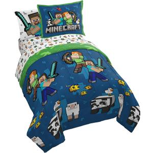 Jay Franco Minecraft Full Comforter Set - 7 Piece Bedding Includes Sheet Set & Pillow Covers - Super Soft Kids Bedding Creeper & Zombie