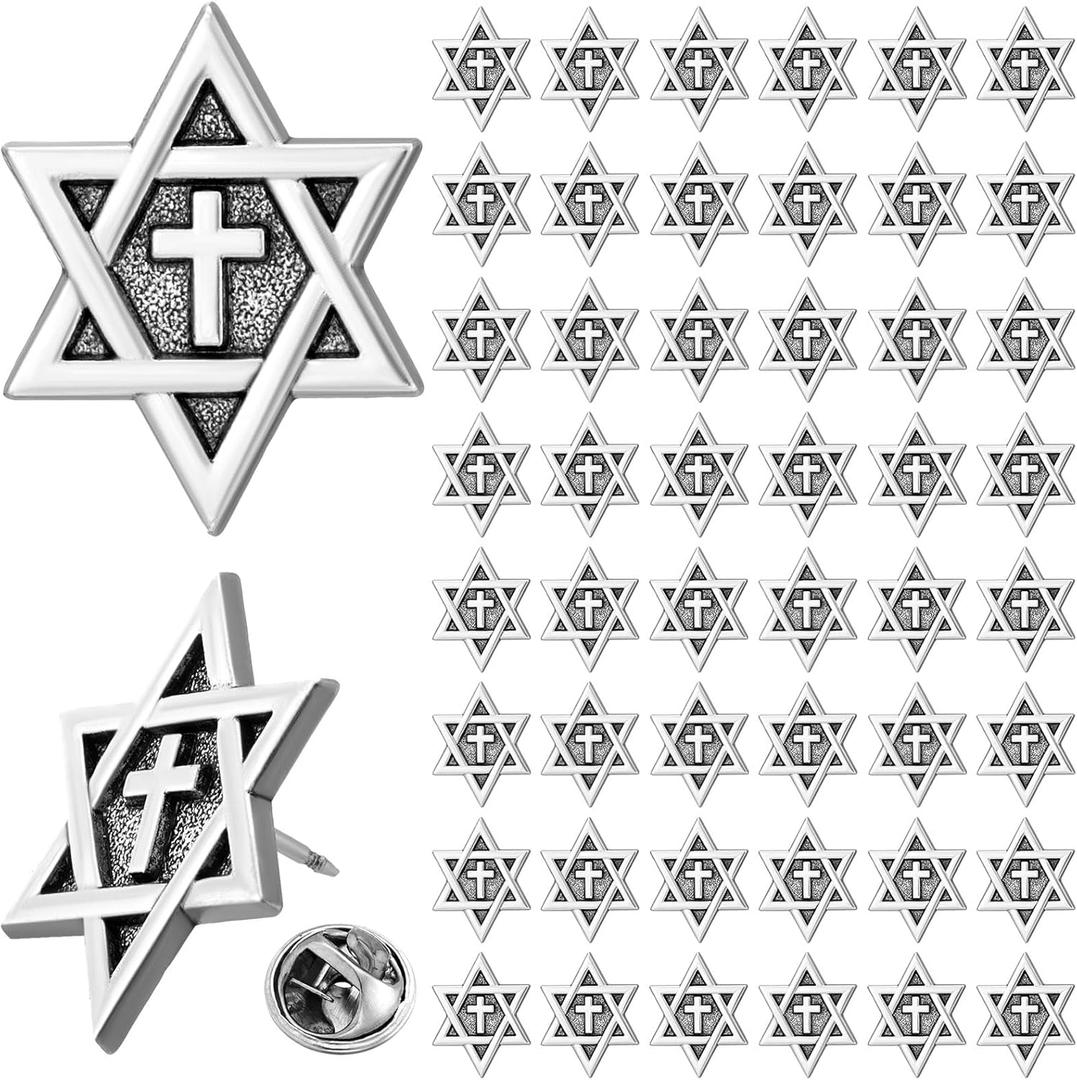 Kigeli 50 Pcs Easter Pin Star of David Interfaith Enamel Pins Bulk Christian Cross Label Brooch for Messianic Jewish Jewelry(Silver)