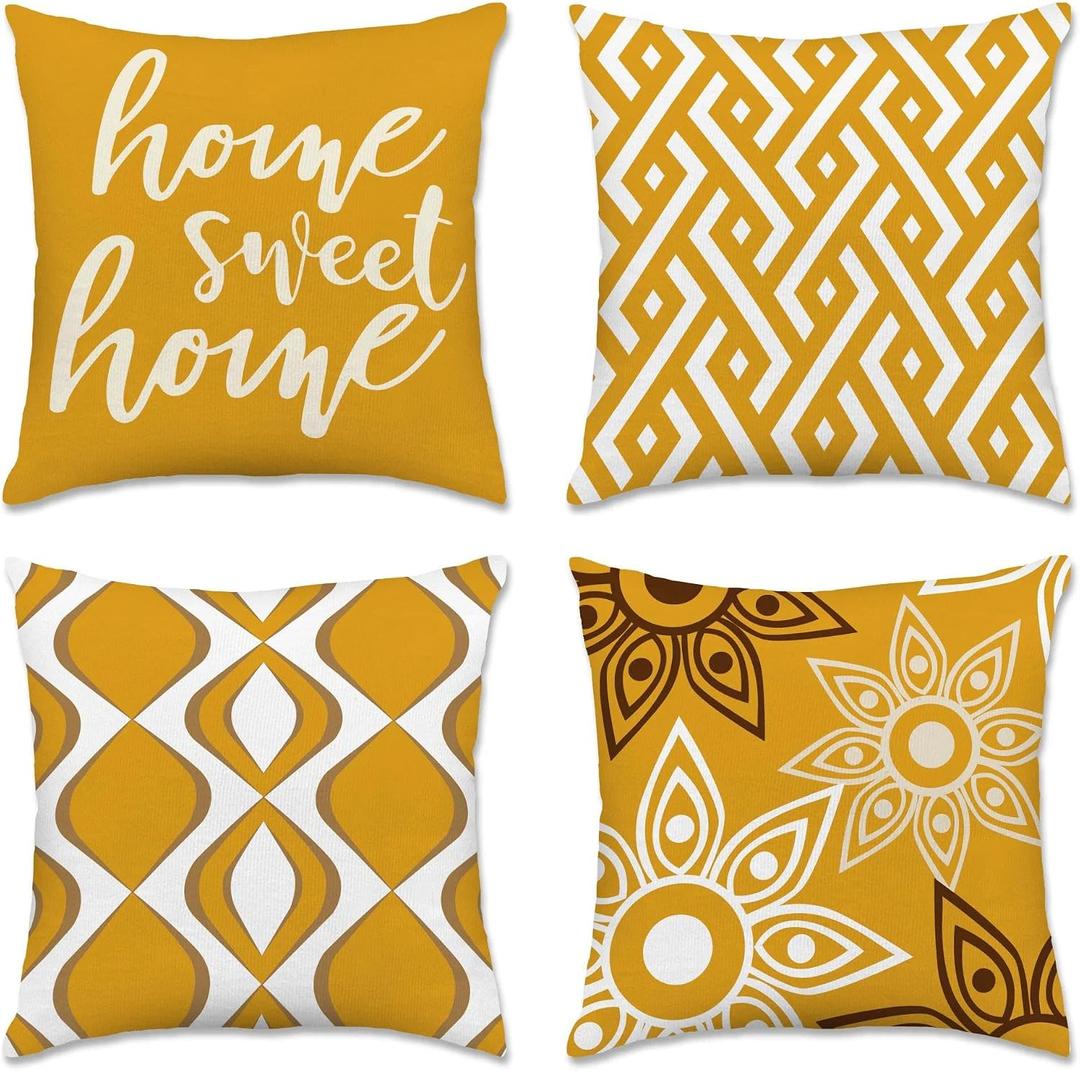 Hexagram Geometric Yellow Pillow Covers 18x18, Boho Pillow Covers | Set of 4, Home Sweet Home, Outdoor, Farmhouse, Sofa, Living Room, Bedroom, Decor, No Insert