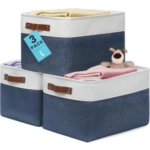 OrganiHaus Large Fabric Storage Baskets for Shelves 3 Pack, 15x11in Closet Storage Bins for Shelves, Canvas Baskets for Organizing, Linen Closet Organizers, Cloth Basket, Navy Blue/Off-White