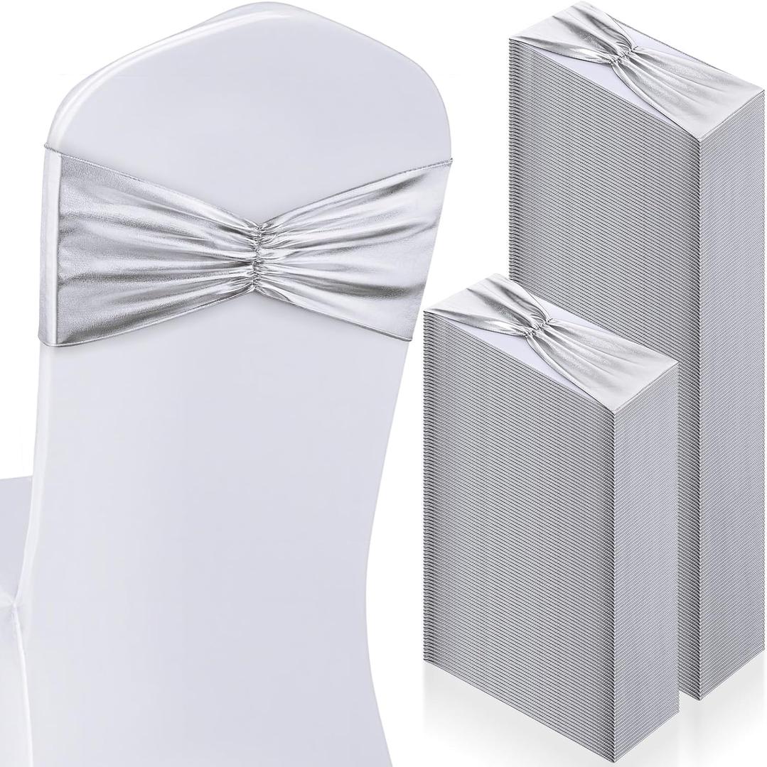 Hahafelt 100 pcs Chair Sashes Shiny Bow Spandex Bands for Chair Wedding Banquet Parties Reception Restaurant Decoration, Sliver