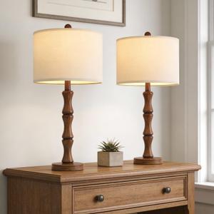 BOBOMOMO 25" Rustic Table Lamps Set of 2, Farmhouse Nightstand Lamps with Wood Grain Resin Base & Linen Shade, Standard Table Lamps for Bedroom, Living Room, End Table & House Dcor (MEDIUM 25-Light Walnut Color)