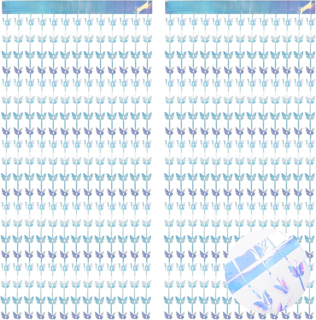BRAVESHINE Iridescent Hanging Butterfly Fringe Backdrop - 2 Pack 3.2x6.6ft Holographic Foil Curtain Party Streamers Backdrop for Butterfly Birthdays Decorations, Bridal Shower, Baby, Bachelorette