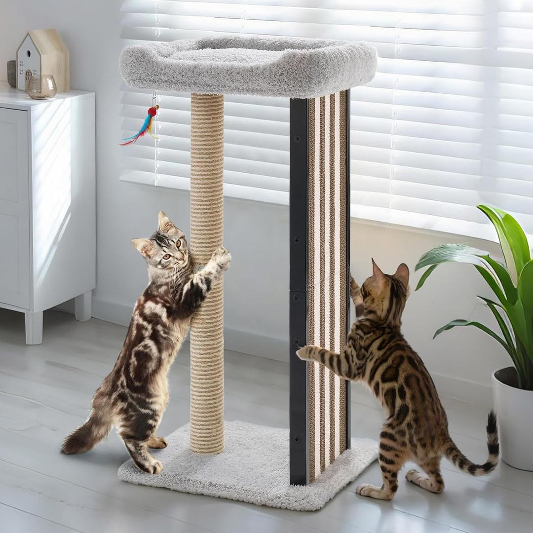 Veehoo 35" Tall Cat Scratching Post for Indoor Cats Adult, Sturdy Cat Scratch Pad with Replaceable Metal Frame Scratching Board, Large Scratch Post with Plush Top Bed (Grey)