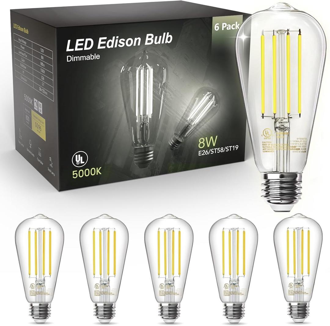 TJOY Edison Light Bulbs 60W Equivalent, Dimmable Vintage LED Light Bulbs, E26 Medium Base, 5000K Daylight, ST58, 8W, 800LM, Ultra-Bright, 80+CRI, Antique Decorative LED Filament, Clear Glass, 6 Pack (5000k Daylight White)